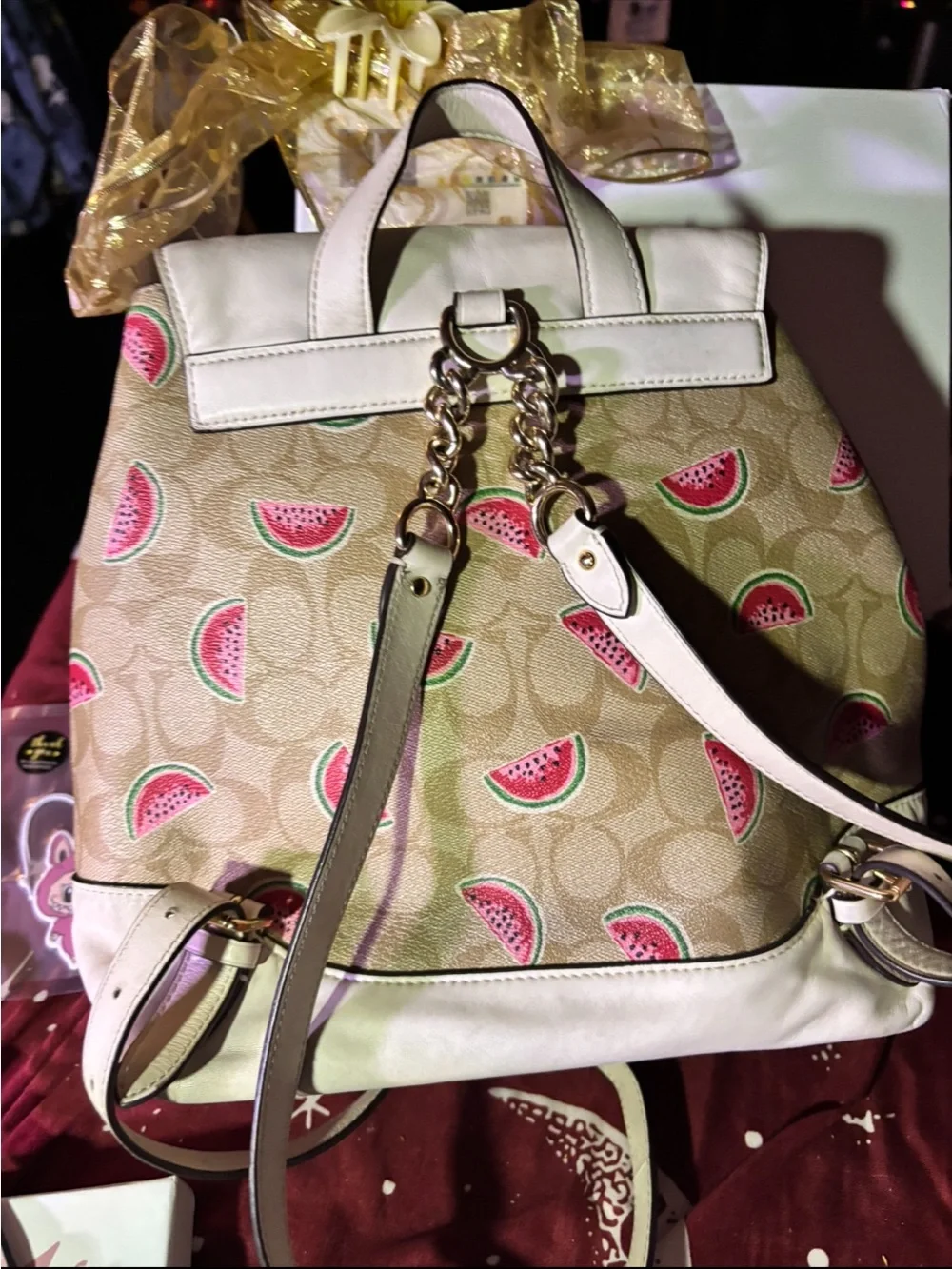 Coach Cream & Tan Signature Backpack with Watermelon Print